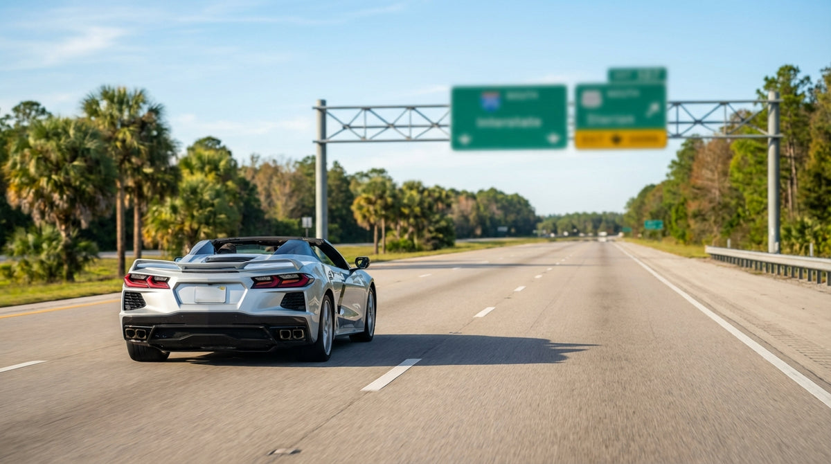 A modern car rental driving down a sunny Florida highway lined with tall palm trees