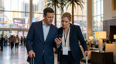 A long queue of car hire traffic moves slowly down the brightly lit Las Vegas Strip at night