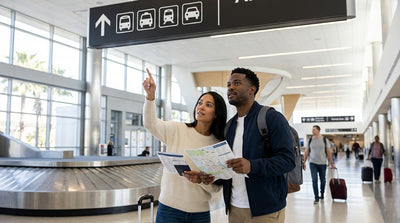 Travelers with luggage following signs for the car rental desks at the Orlando airport terminal