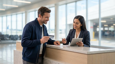 A car rental drives down a scenic highway through the autumn forests of Pennsylvania
