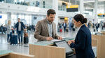 A traveler picking up a car rental vehicle at a New York airport facility