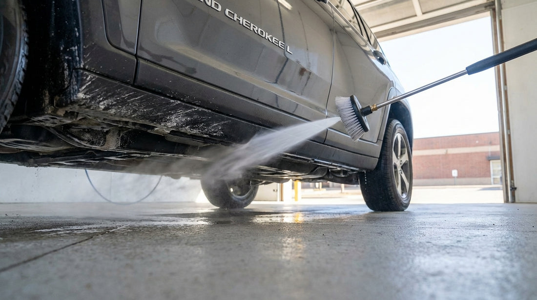 Road salt caked on the dirty underbody of a car hire after driving on a wintry road in Pennsylvania