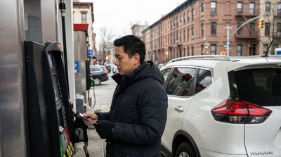 A hand holding a credit card at a gas pump, preparing to pay for fuel for a car hire vehicle in New York City