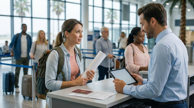 A traveler with luggage walks toward the car hire desks inside the bright Miami International Airport terminal