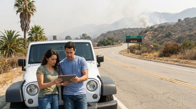 A car rental drives on a winding road through the Los Angeles hills under a hazy orange sunset