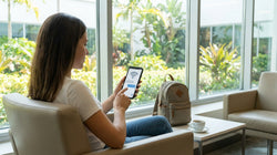 Traveler looking at a smartphone outside a Miami car rental location with palm trees