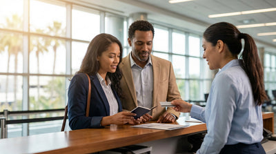 A person's hands on the steering wheel of their car rental, driving down a sunny highway in California