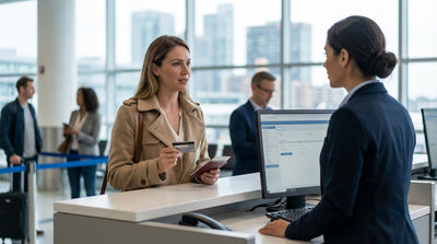 A person at a car rental desk in New York City holding a payment card and car keys