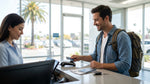 A person hands a credit card to an agent for a car rental deposit at a counter in California