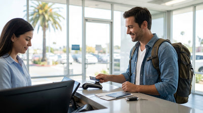 A person hands a credit card to an agent for a car rental deposit at a counter in California