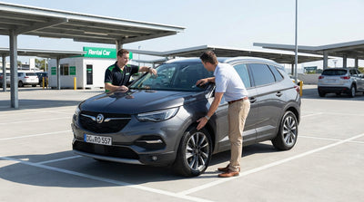 A white SUV car rental driving on a winding road through the autumn-colored mountains of rural Pennsylvania