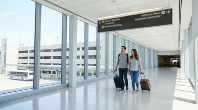 A traveler with a suitcase follows signs for car rental services in a busy New York airport