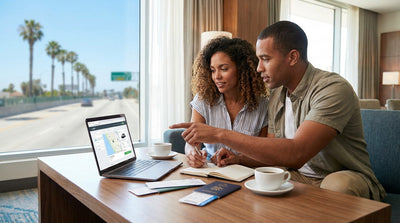 A convertible car hire drives on a scenic coastal highway in California with ocean views