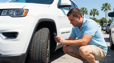 A person kneels to photograph a worn tire on their Orlando car hire in a sunny parking lot