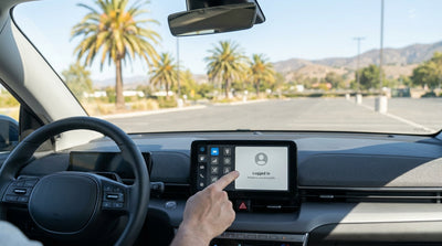A modern electric car rental is plugged in and charging at a station with palm trees in sunny California