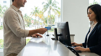 A white convertible car hire parked on a street in Miami with vibrant art deco buildings