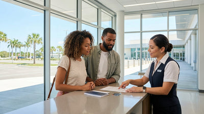 A row of clean sedans parked and ready at a sunny Florida car rental lot with palm trees