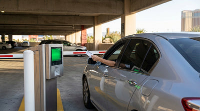 A line of car hire traffic moves along the neon-lit Las Vegas Strip at night in front of famous casinos