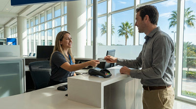 Traveler at a car hire counter in Orlando airport handing over a payment card to an agent