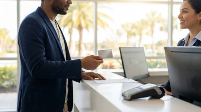 A shiny red convertible from a car hire parked on a coastal road with palm trees in sunny Florida