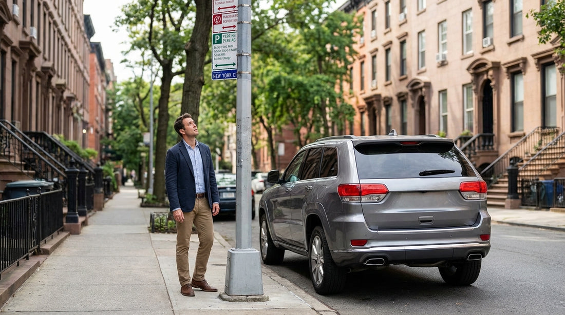 A car hire parked on a street in New York City with an Alternate Side Parking sign on a pole