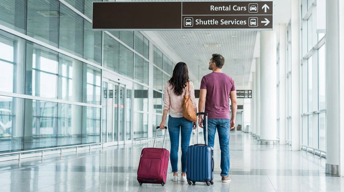 A car rental shuttle bus transports travelers at the San Francisco International Airport
