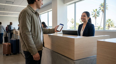 A driver in a convertible enjoys their car rental on a sunny, palm-lined street in Los Angeles