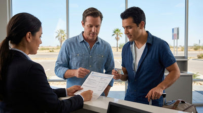 A person at a car hire counter in a Texas airport handing over documents to an agent to pick up their vehicle