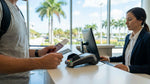 Customer handing a credit card to an agent at a sunny Florida car rental desk