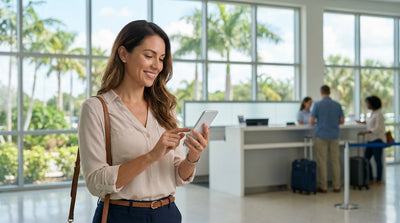A person using a smartphone to complete their car rental pickup in front of a line of cars in sunny Orlando