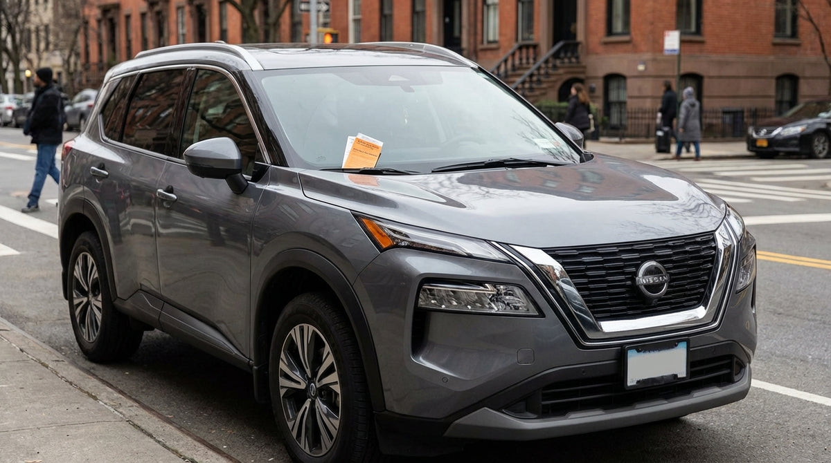 A yellow parking ticket on the windshield of a car hire vehicle on a busy New York street