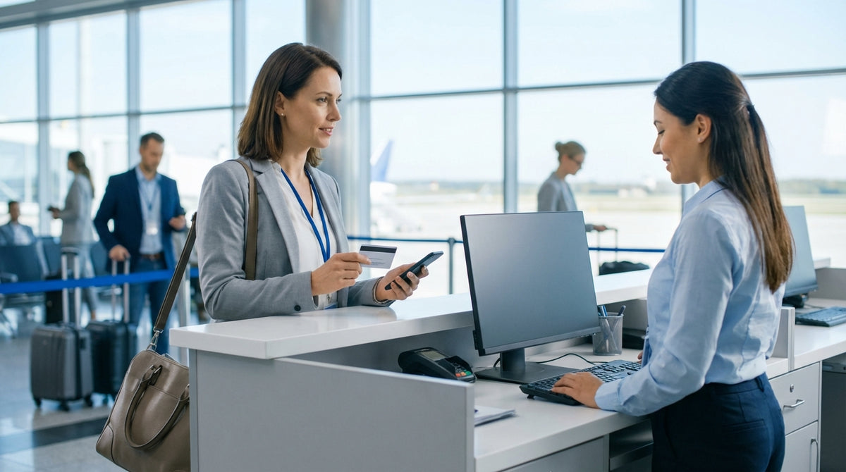 A customer at a car hire counter in a US airport terminal speaks with a rental agent behind the desk