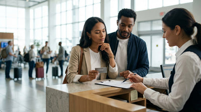 A modern car rental drives down a scenic highway through the desert mountains of the United States