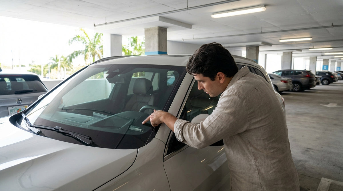 Driver leans into a white car rental to find the VIN on the dashboard in a Miami parking garage