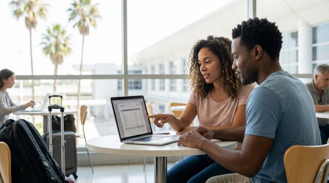 A row of clean white SUVs parked and ready for car hire under the sunny blue sky at Orlando airport