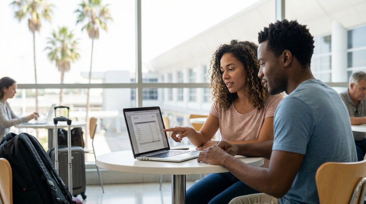 A row of clean white SUVs parked and ready for car hire under the sunny blue sky at Orlando airport
