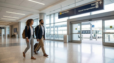 A shuttle bus for car hire waits for travelers with luggage outside a Philadelphia, Pennsylvania airport terminal