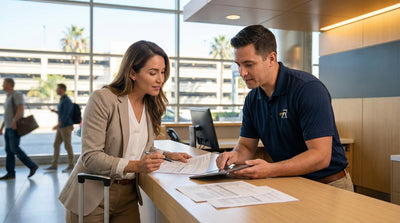 A sedan car rental drives on a scenic highway along the sunny coast of California
