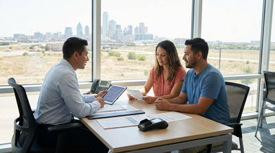 A modern car rental driving on an open highway through the scenic landscape of rural Texas