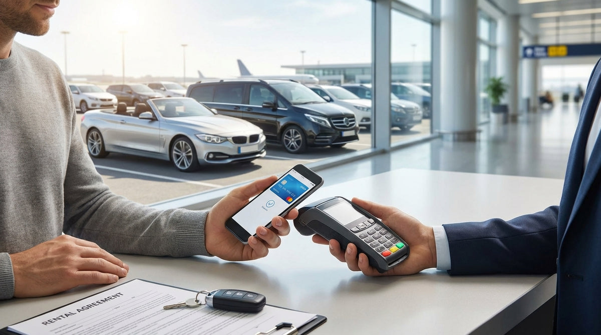 A person at a car hire counter in a New York airport hands a credit card to a rental agent
