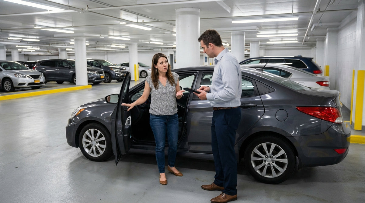 A person inspecting the interior of a vehicle at a car rental agency lot in New York City