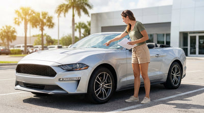 A convertible car hire drives along a sunny coastal road in Florida with palm trees