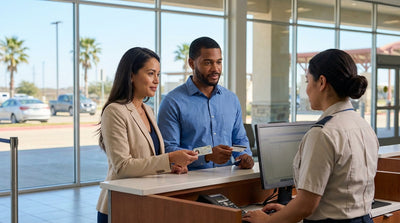A person's hands exchanging a driver's license for keys at a car rental counter in Texas