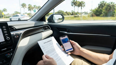 A car hire pulled over by a police car on a sun-drenched highway in Florida