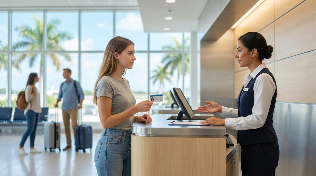 A red convertible car rental drives down a scenic, palm-lined coastal road in sunny Florida
