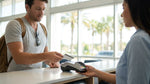 A customer at an airport desk in Orlando uses a credit card to finalize their car rental agreement