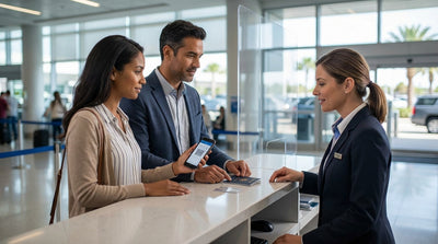 A person shows their driver's license to an agent at a car hire desk in the United States