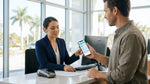 A person's hand holding a phone with a digital ID at a car rental counter in a sunny Florida airport office