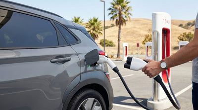 A modern electric car hire charging at a Tesla Supercharger station under the sun in California