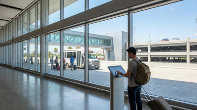 A red convertible car hire driving across the Golden Gate Bridge with the San Francisco skyline in the background